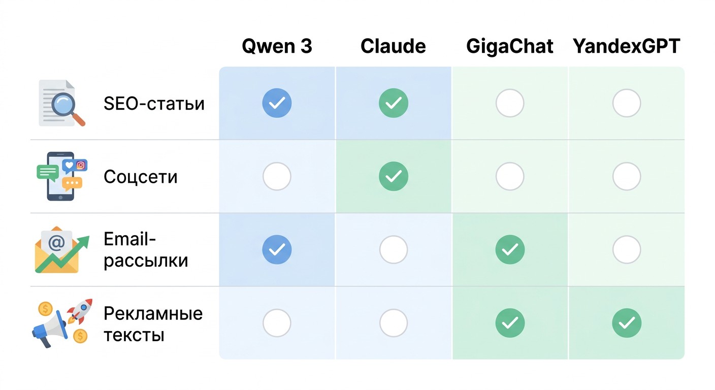 Матрица выбора нейросети для копирайтинга по типу задачи — инфографика