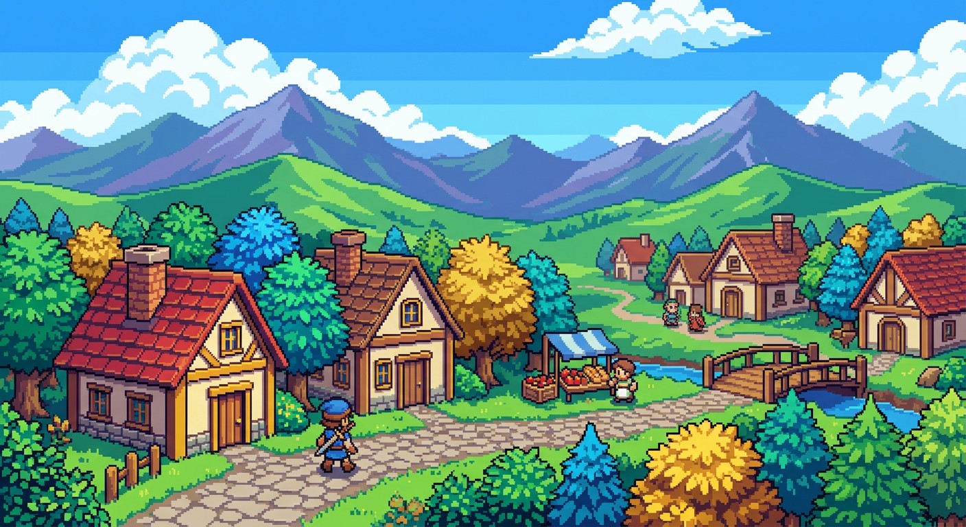 Пример промпта 16-бит в Midjourney — пиксельный герой в деревне ретро-игры