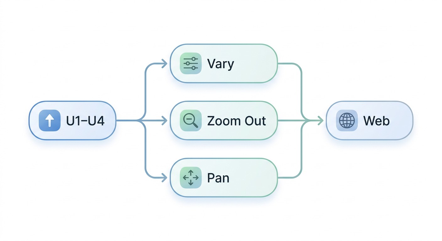 Схема workflow Midjourney после генерации: Upscale, Vary, Zoom Out, Pan, Web