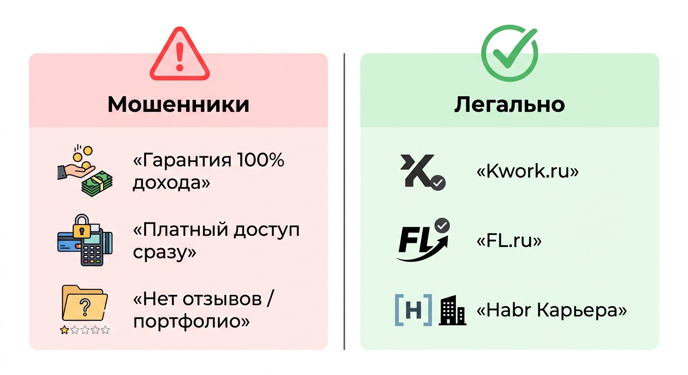 Сравнение признаков мошенников и легитимных площадок для заработка на нейросетях