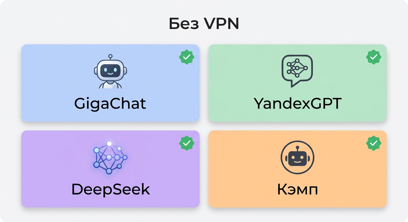 Нейросети без VPN в России: GigaChat, YandexGPT, DeepSeek и Кэмп