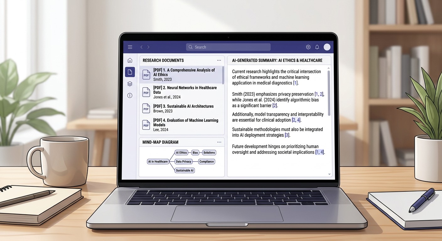 Интерфейс NotebookLM с источниками и ментальной картой для учёбы