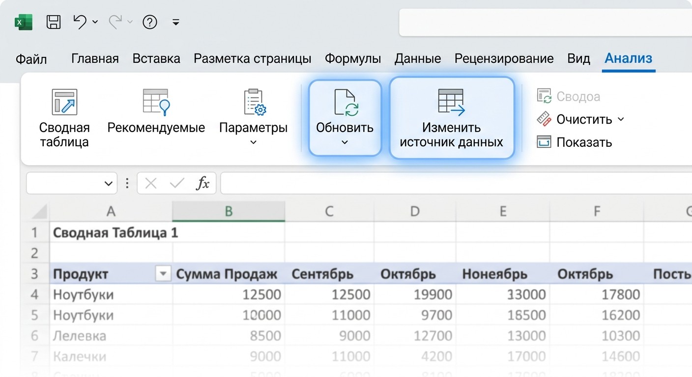 Кнопки «Обновить» и «Изменить источник данных» во вкладке «Анализ» Excel