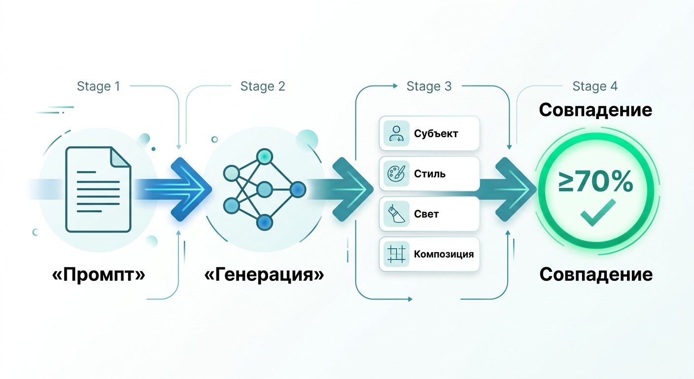 Схема обратного теста промпта нейросети: четыре параметра и порог 70%