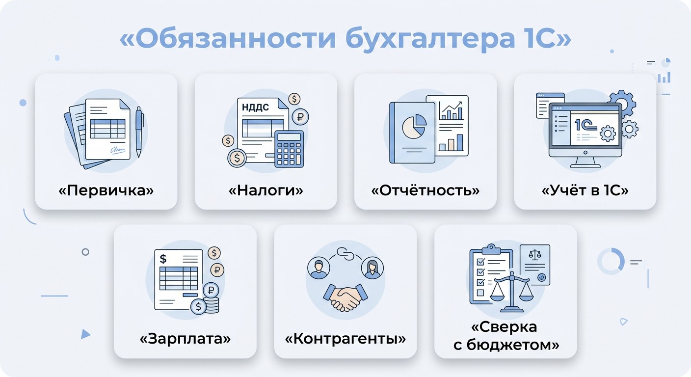 Инфографика трудовые функции бухгалтера 1С семь иконок-карточек