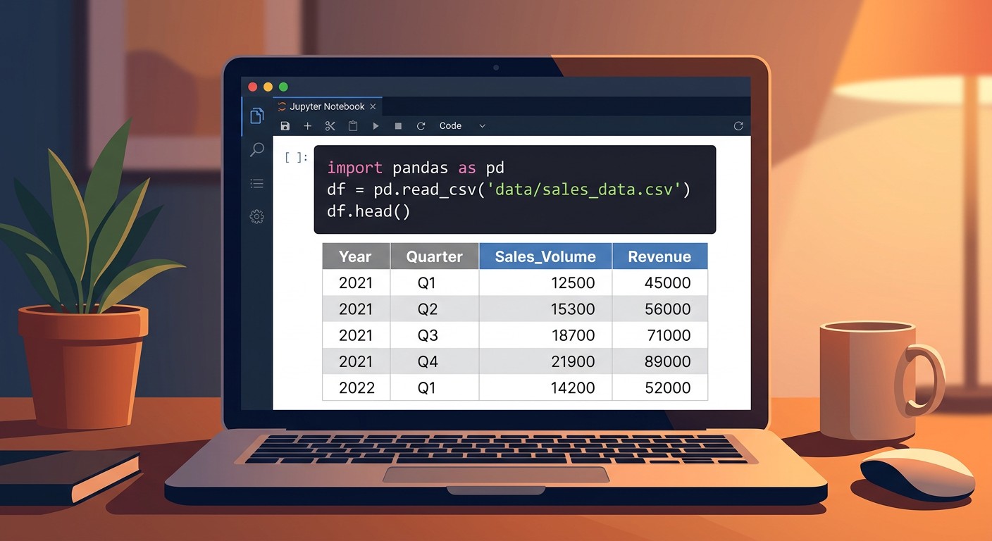 Jupyter Notebook с кодом pandas read_csv и таблицей DataFrame