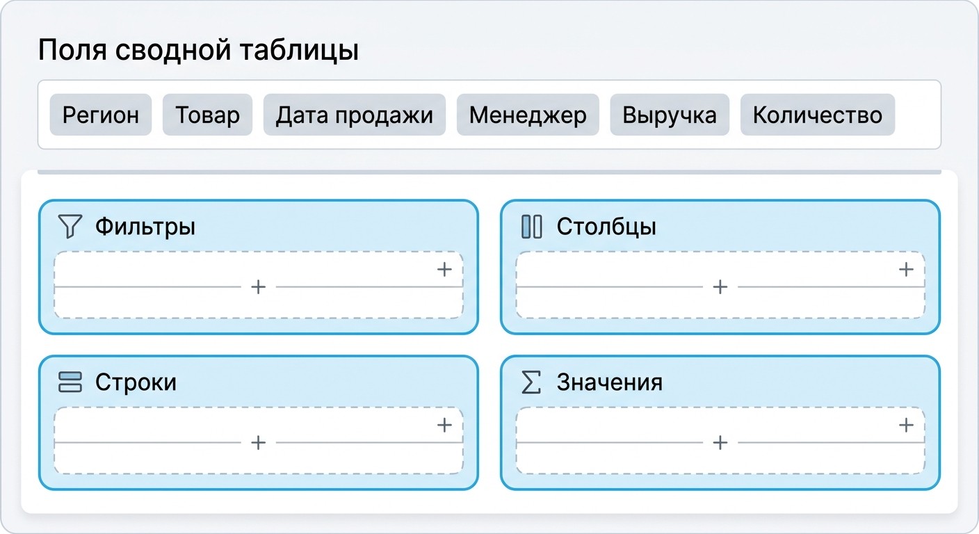 Панель конструктора сводной таблицы с четырьмя областями: строки, столбцы, значения, фильтры