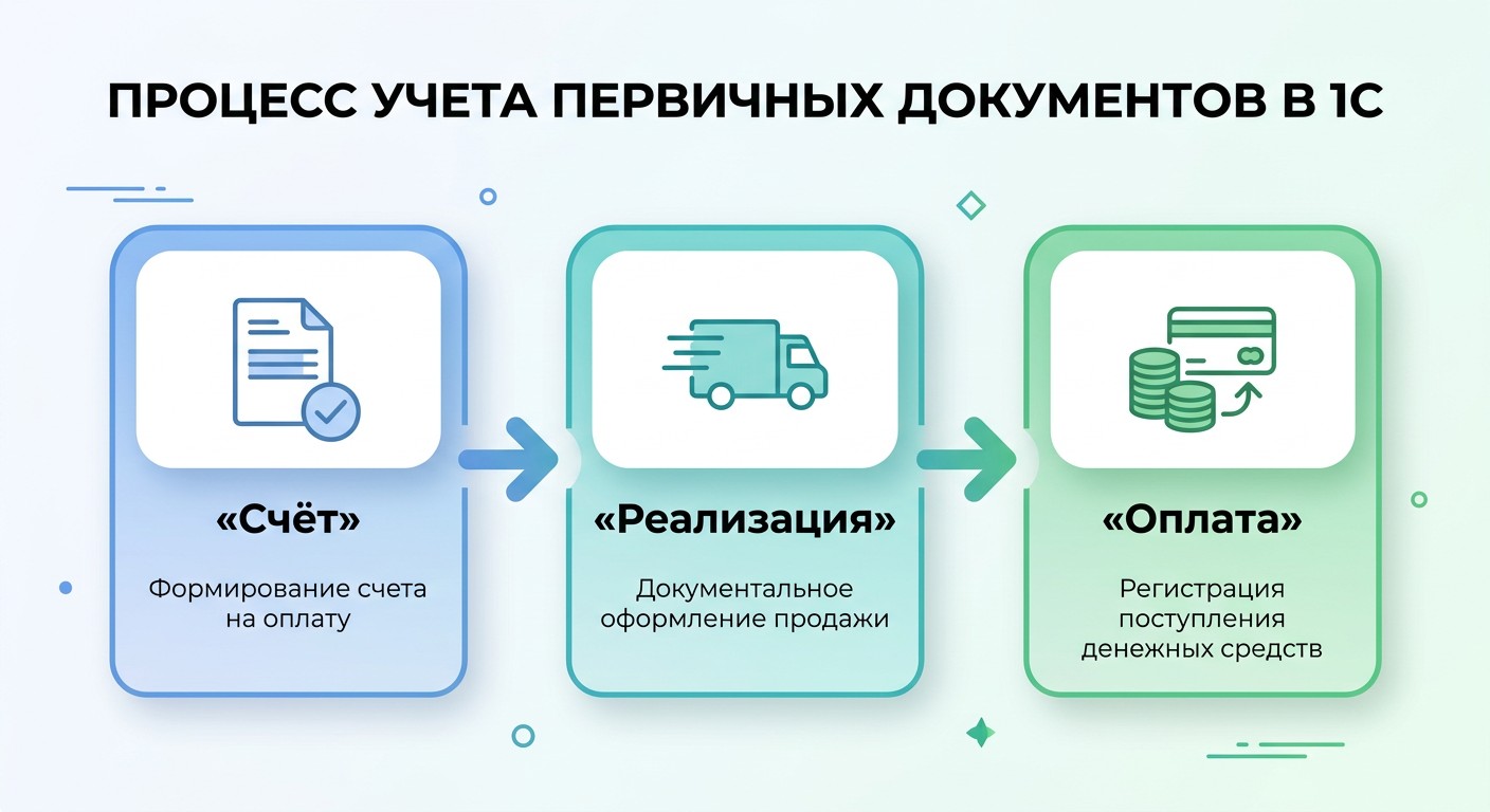 Цепочка первичных документов в 1С: счёт, реализация, оплата