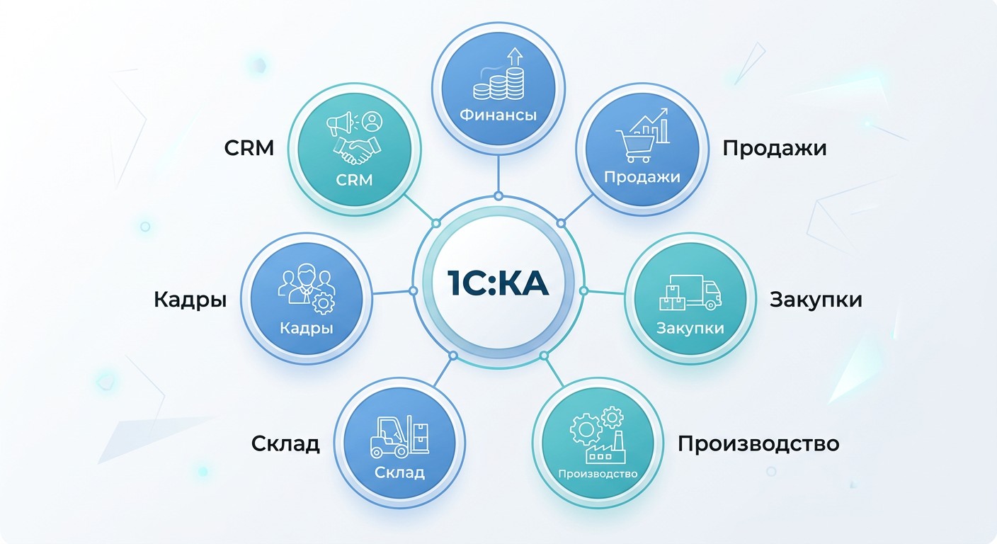Схема подсистем 1С:КА — финансы, продажи, склад, производство, CRM