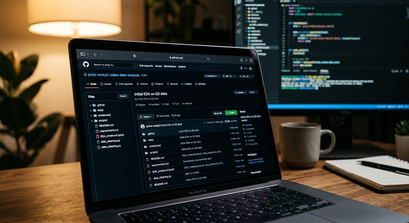 Портфолио junior аналитика — репозиторий GitHub на экране ноутбука