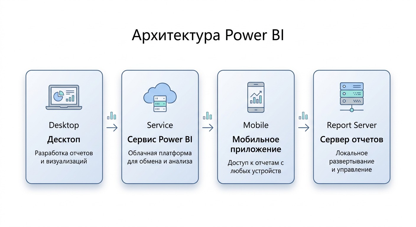 Архитектура Power BI — четыре компонента платформы со стрелками