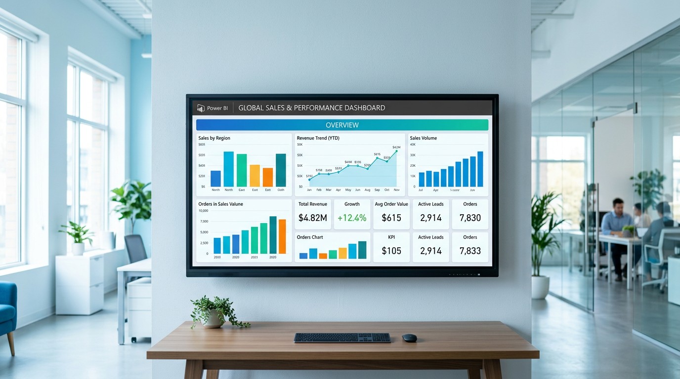 Дашборд Power BI с графиками и KPI-показателями на мониторе