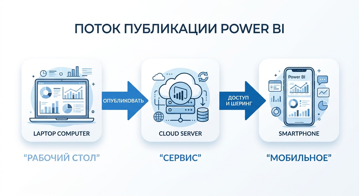 Рабочий процесс Power BI: Desktop — публикация — Service — Mobile