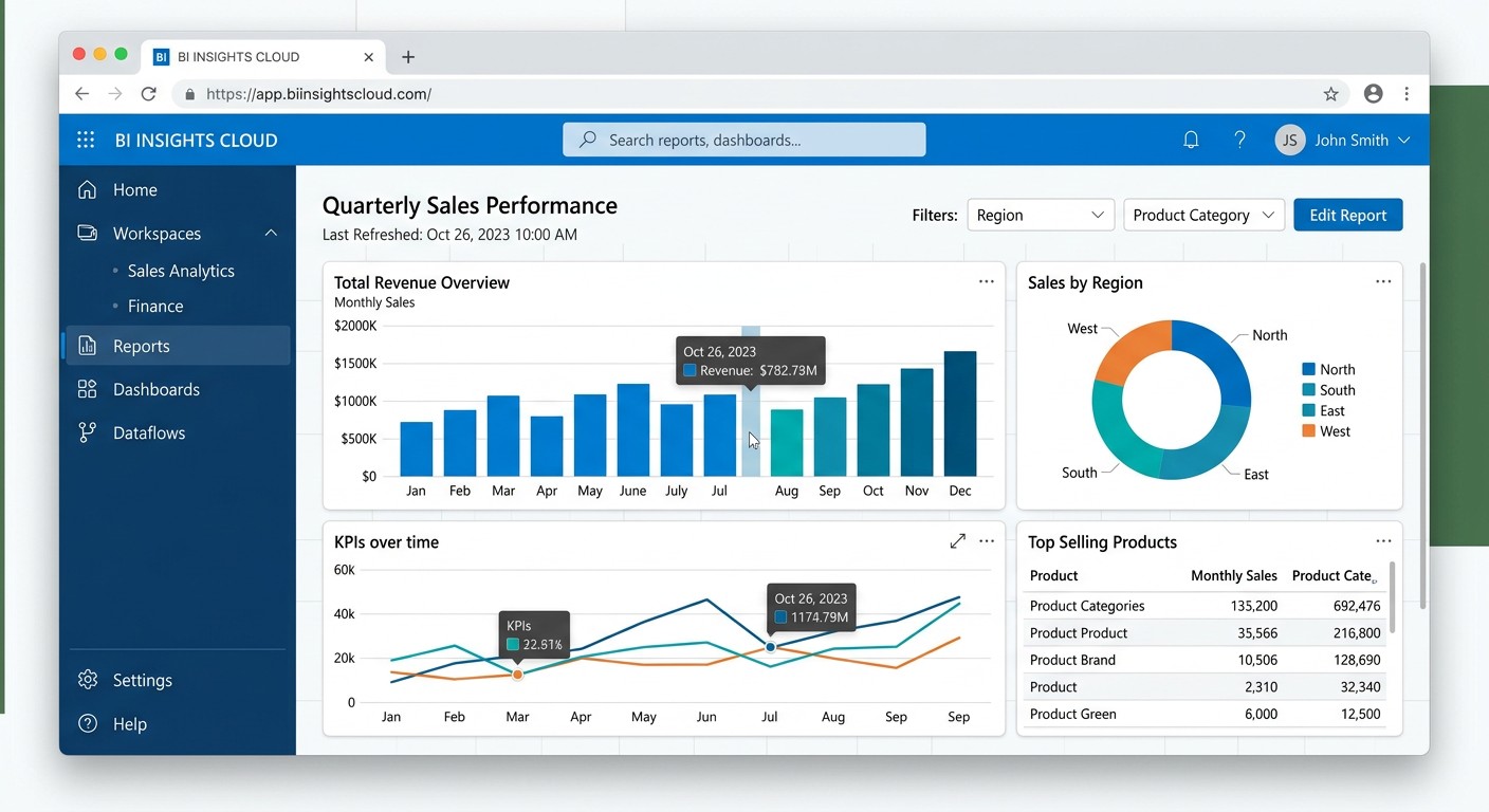 Интерфейс Power BI Service в браузере с отчётами и навигацией