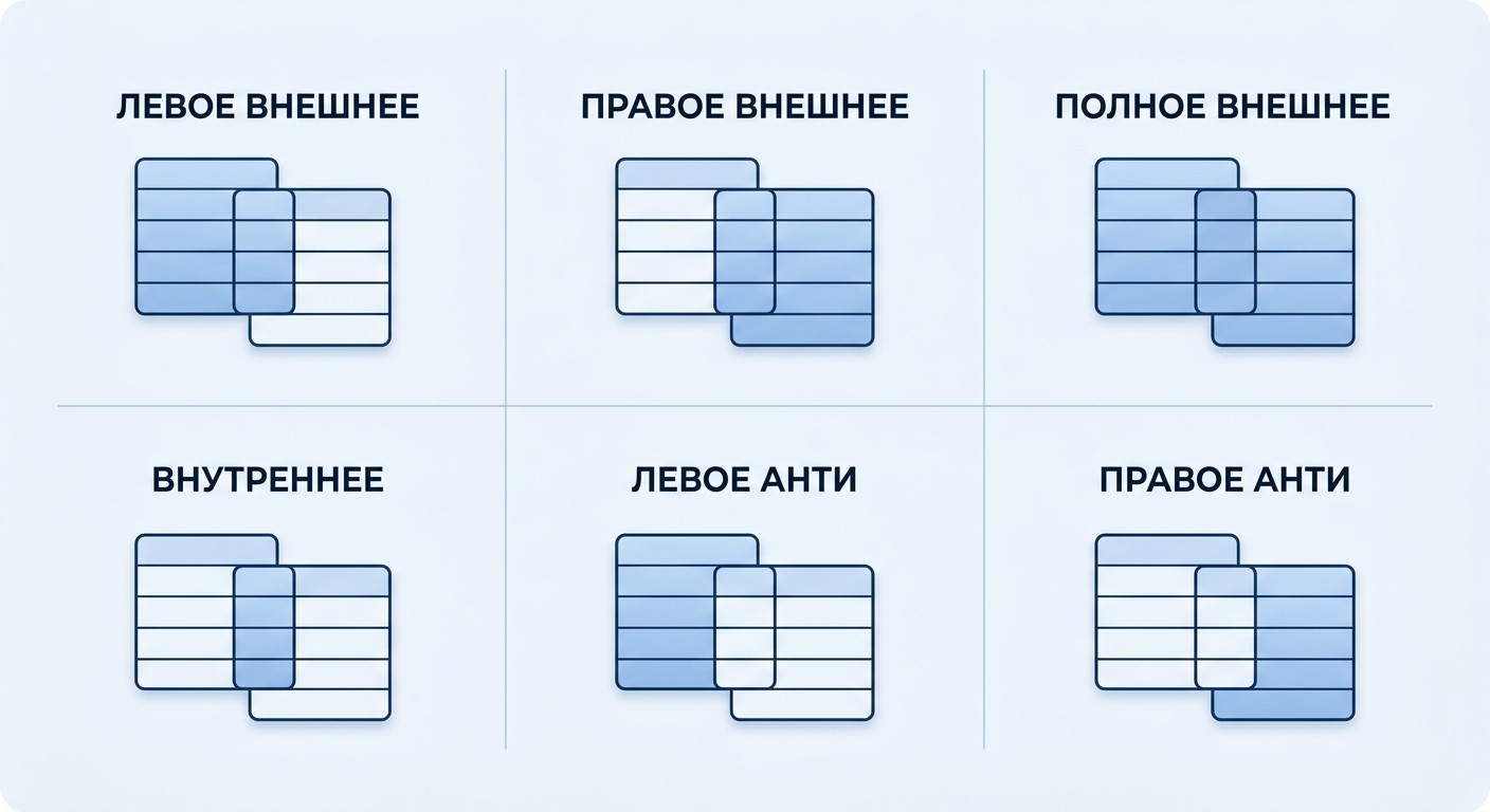 Схема шести типов JOIN для слияния таблиц в Power Query