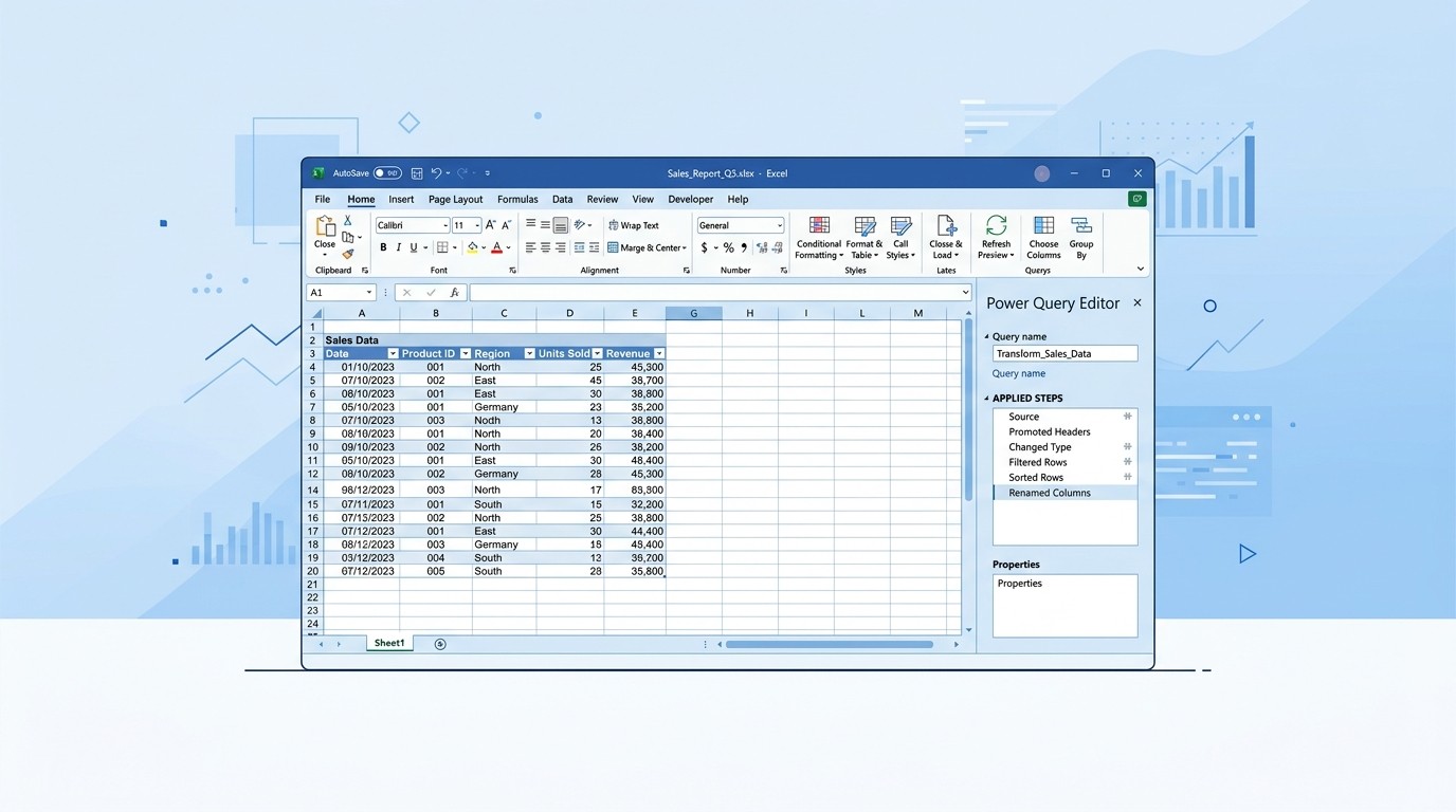 Интерфейс Excel с открытым редактором Power Query для работы с данными