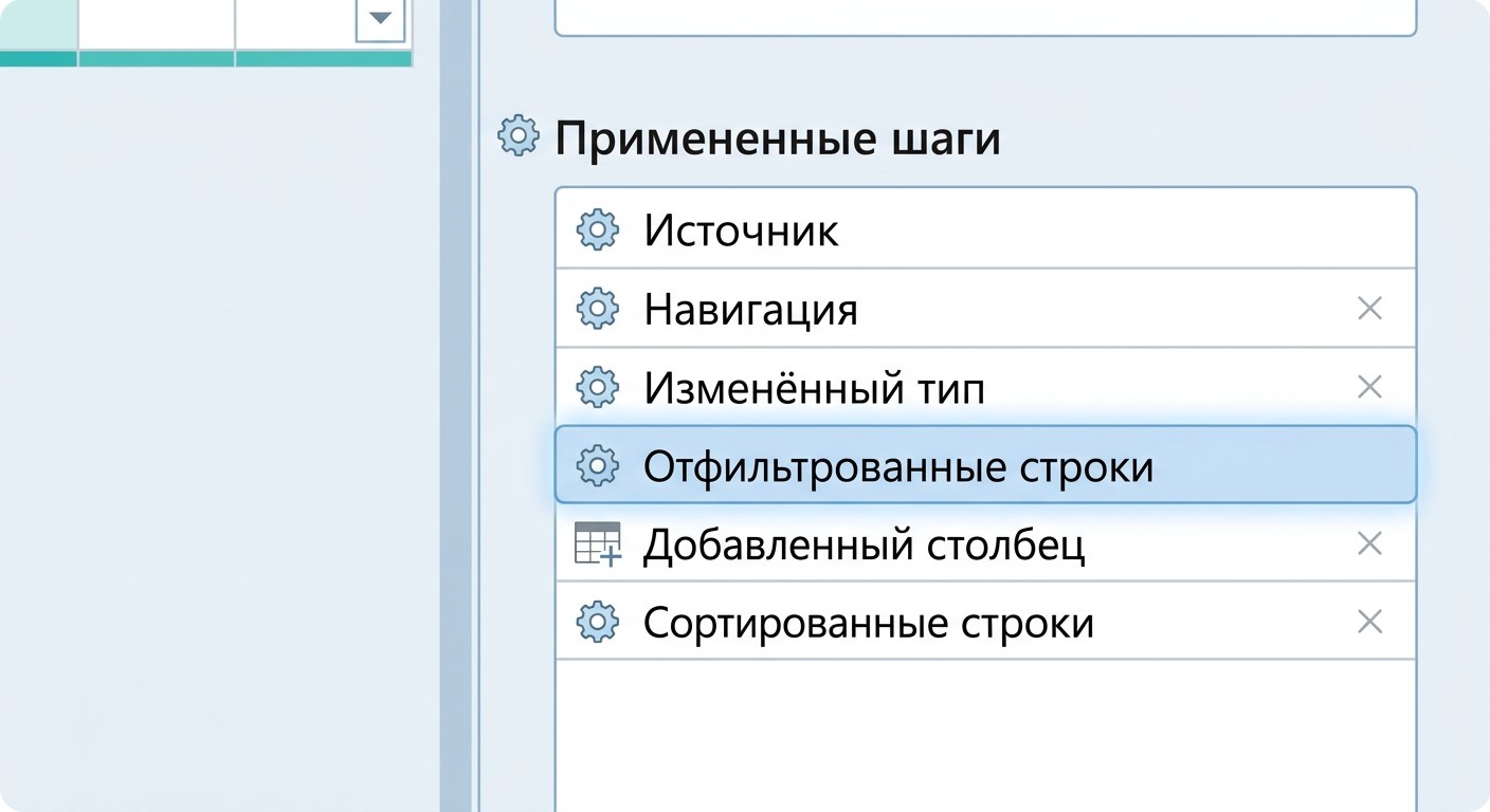 Панель «Применённые шаги» Power Query с историей преобразований