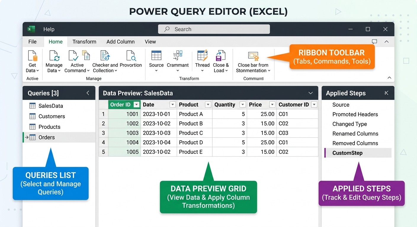 Интерфейс редактора Power Query с подписями всех основных панелей