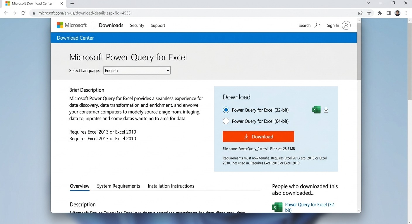 Страница Microsoft Download Center для установки Power Query в Excel 2013