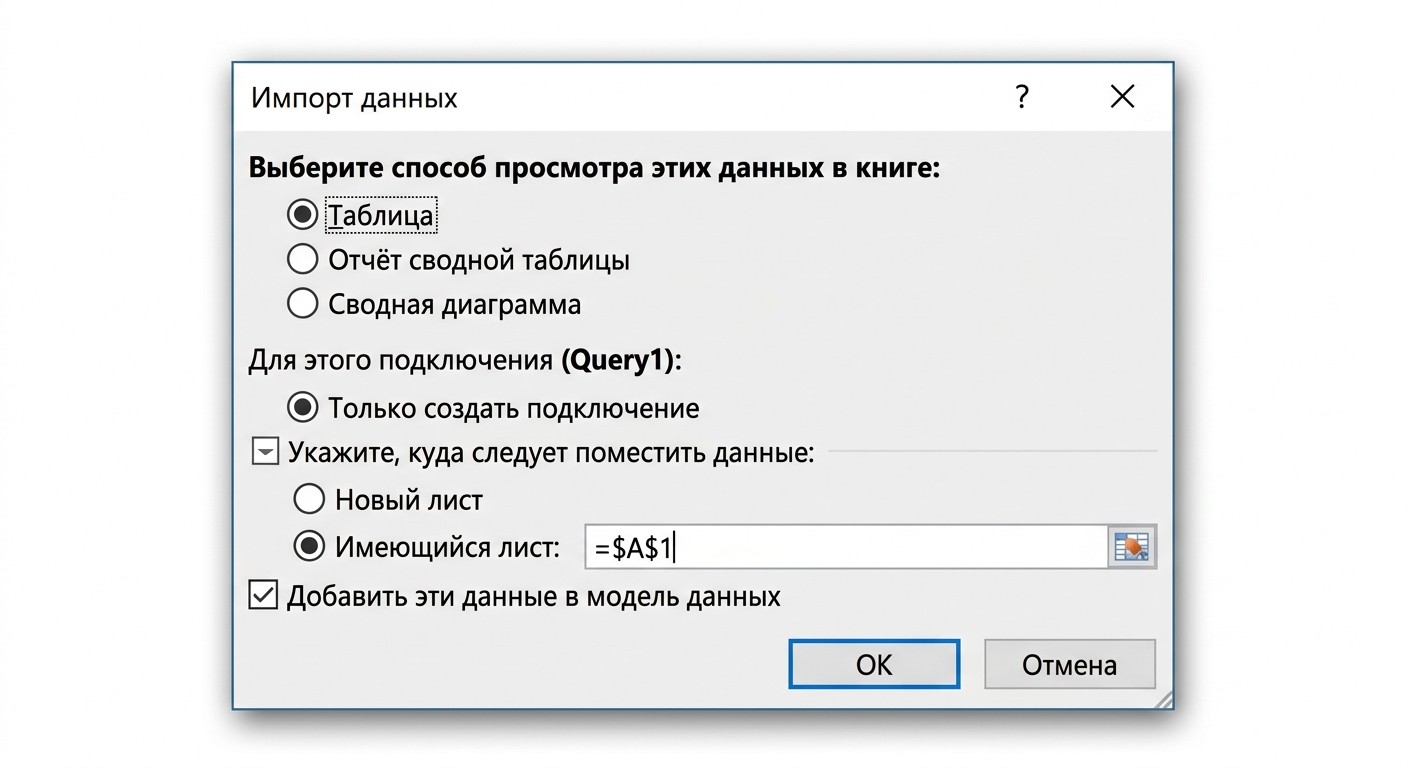 Диалог «Закрыть и загрузить в» для выгрузки данных из Power Query