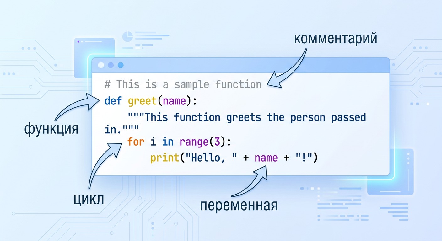 Пример программного кода на Python с выносками-пояснениями к строкам