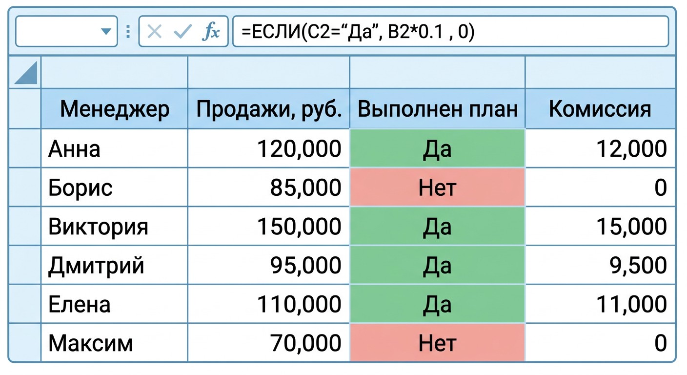 Пример расчёта комиссионных с функцией ЕСЛИ в Excel — результат