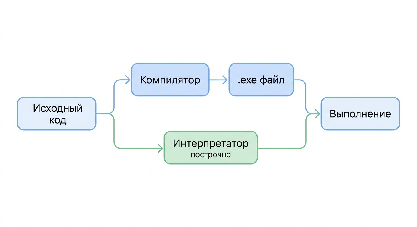 Схема пути программного кода через компилятор и интерпретатор до выполнения