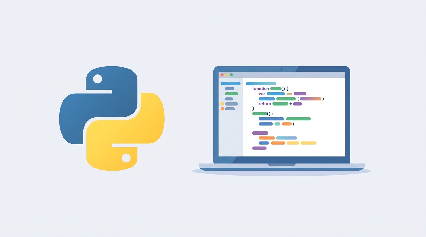 Обучение Python с нуля — иллюстрация с логотипом и экраном кода