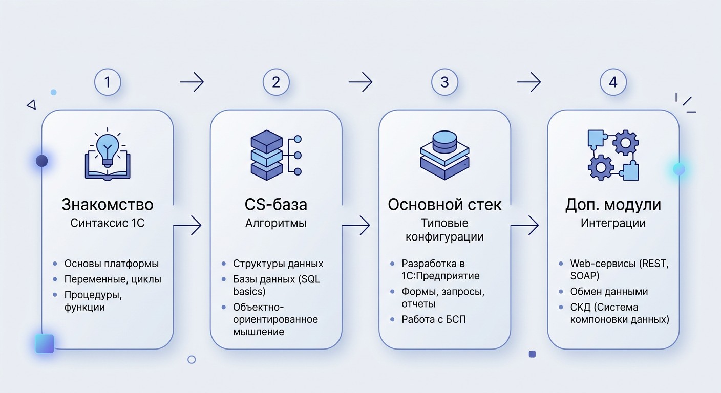 Инфографика: 4 этапа роадмэпа разработчика 1С с нуля