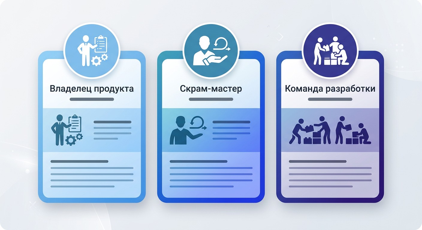 Три роли скрам-команды: владелец продукта, скрам-мастер, разработчики
