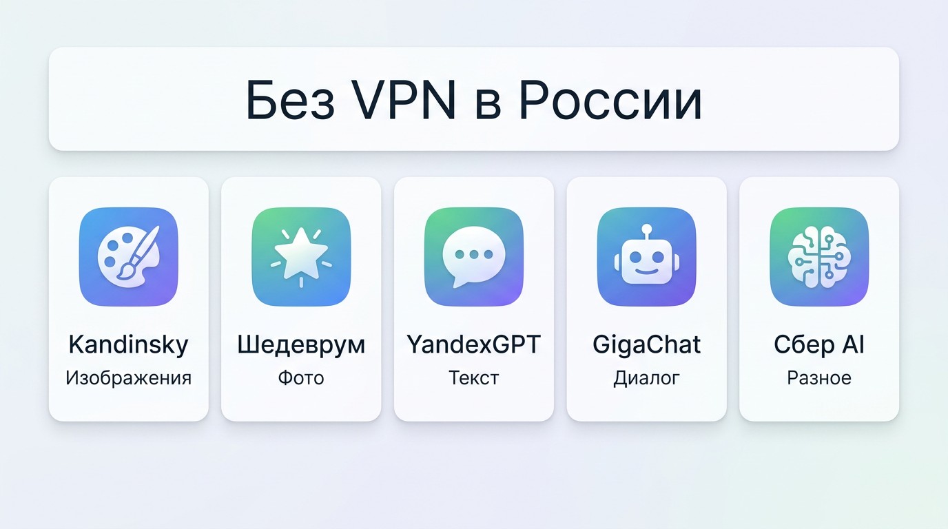 Инфографика российских бесплатных нейросетей без VPN с иконками задач
