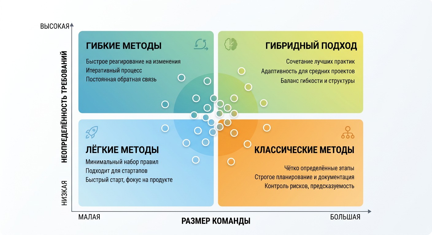 Квадрант выбора методологии разработки SDLC — гибкие и классические подходы