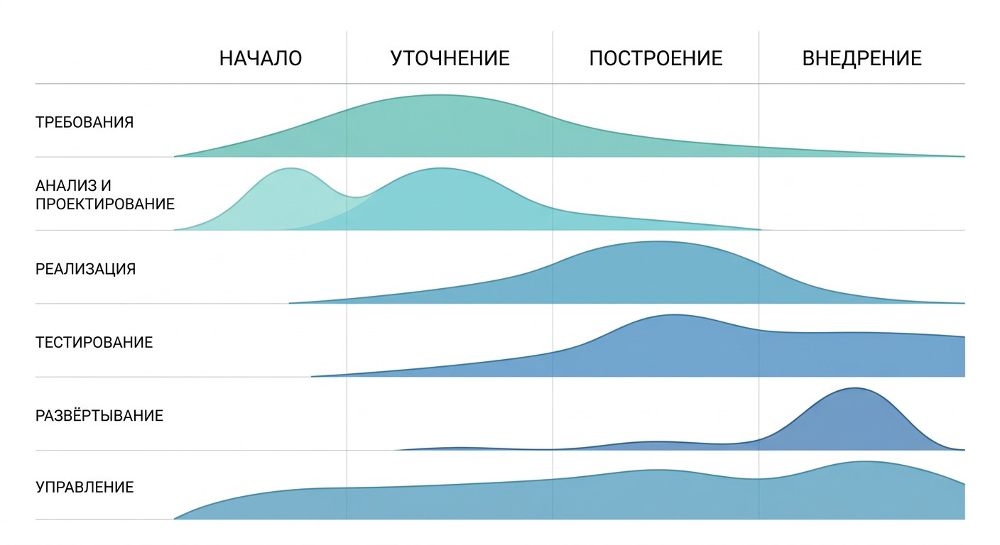 Инфографика RUP — четыре фазы и дисциплины жизненного цикла разработки