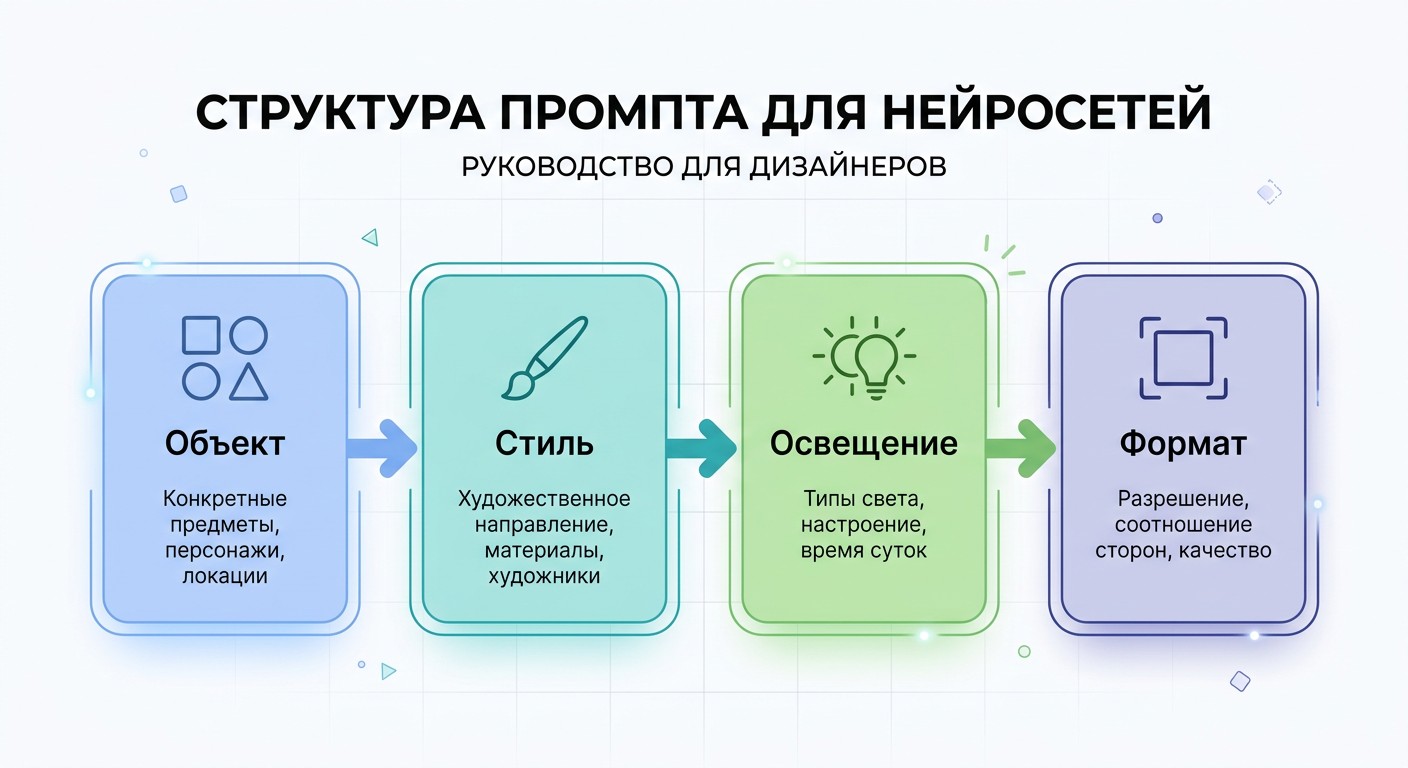Инфографика: четыре компонента шаблона промпта для нейросети дизайнера