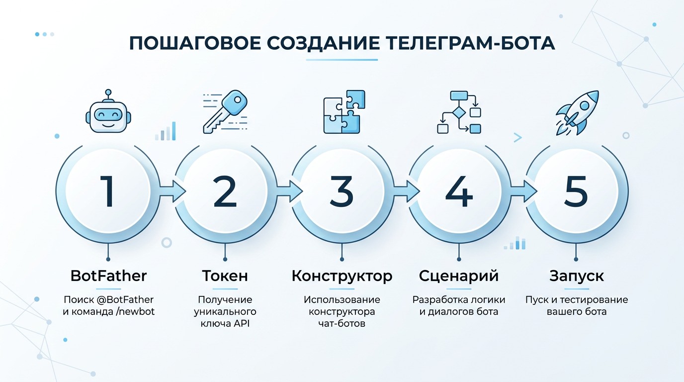 Инфографика: 5 шагов создания Telegram-бота от BotFather до запуска