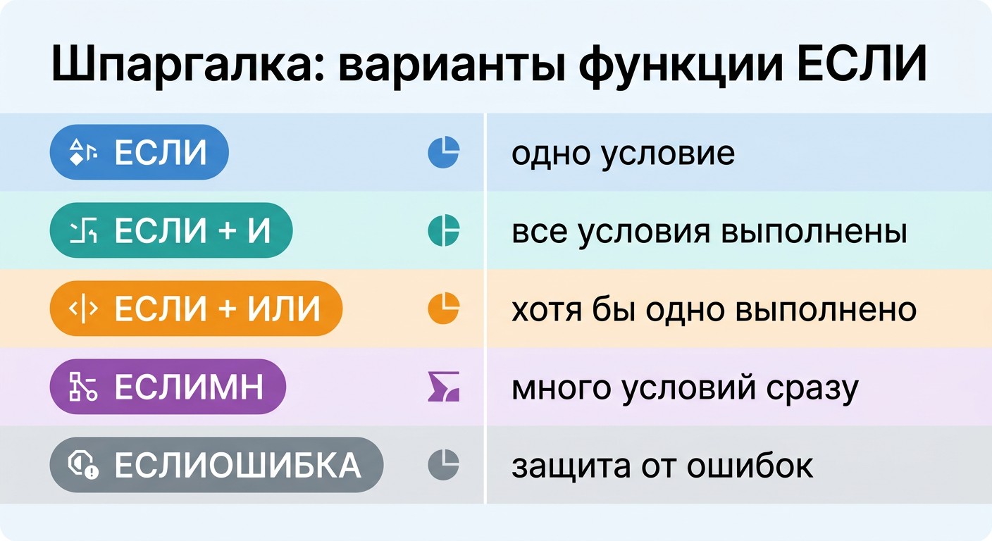 Шпаргалка по функции ЕСЛИ и её вариантам в Excel