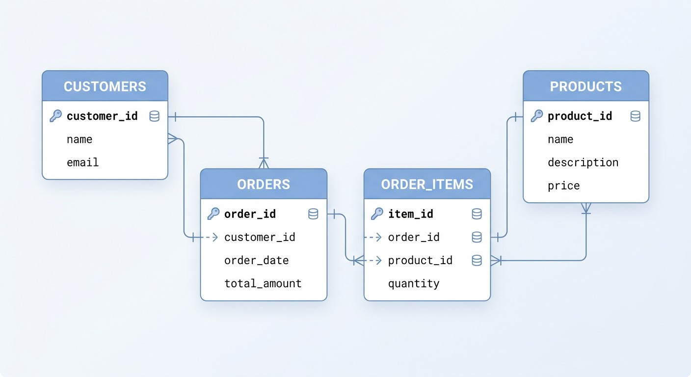 Схема реляционной базы данных с таблицами customers orders products