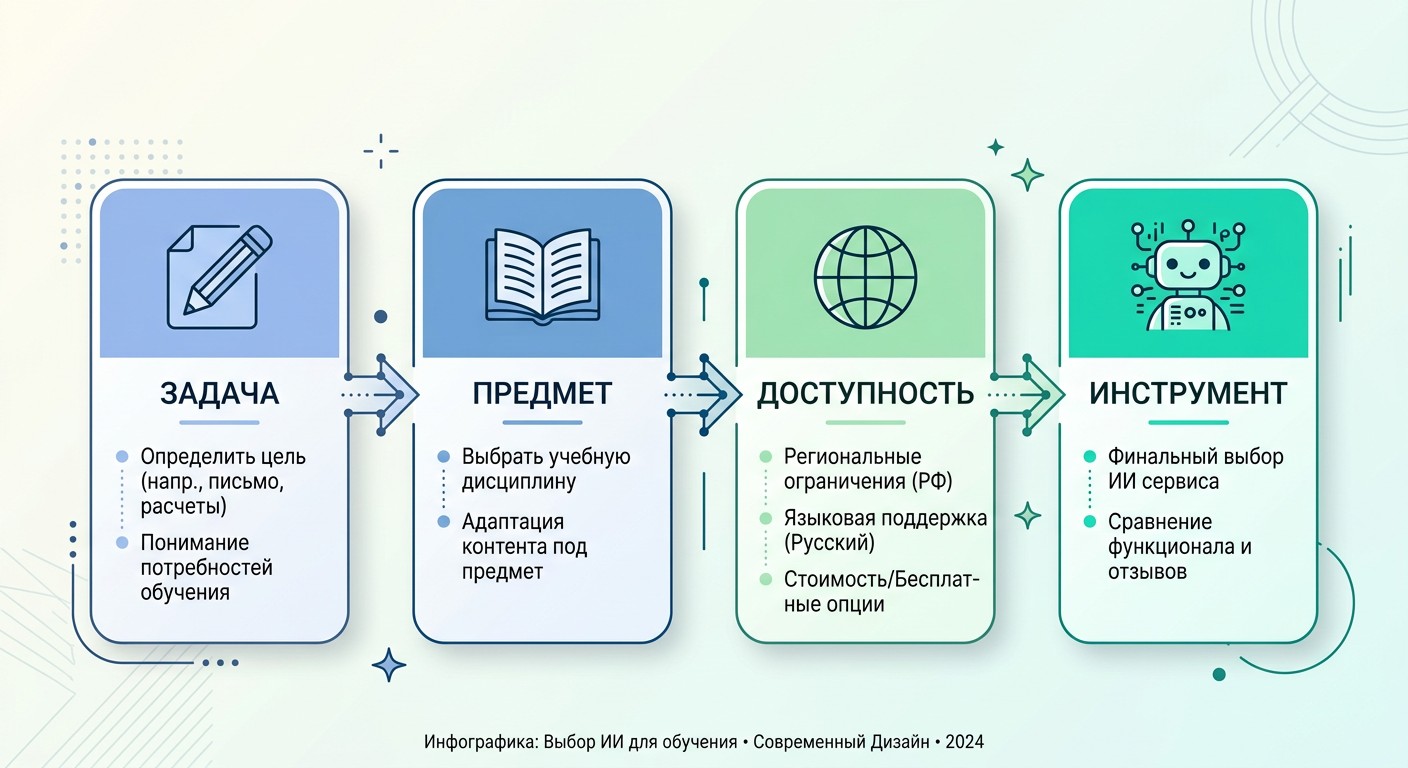 Схема выбора нейросети для учёбы: задача, предмет, доступность, инструмент