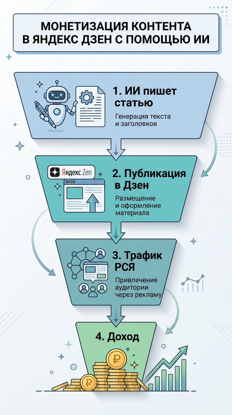 Схема монетизации Яндекс Дзен с нейросетями — воронка от статьи до дохода РСЯ