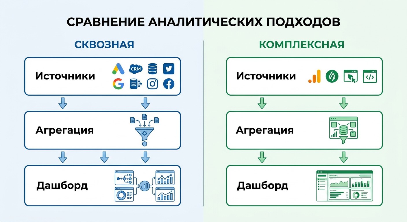 Схема сравнения сквозной и комплексной аналитики от источников до дашборда