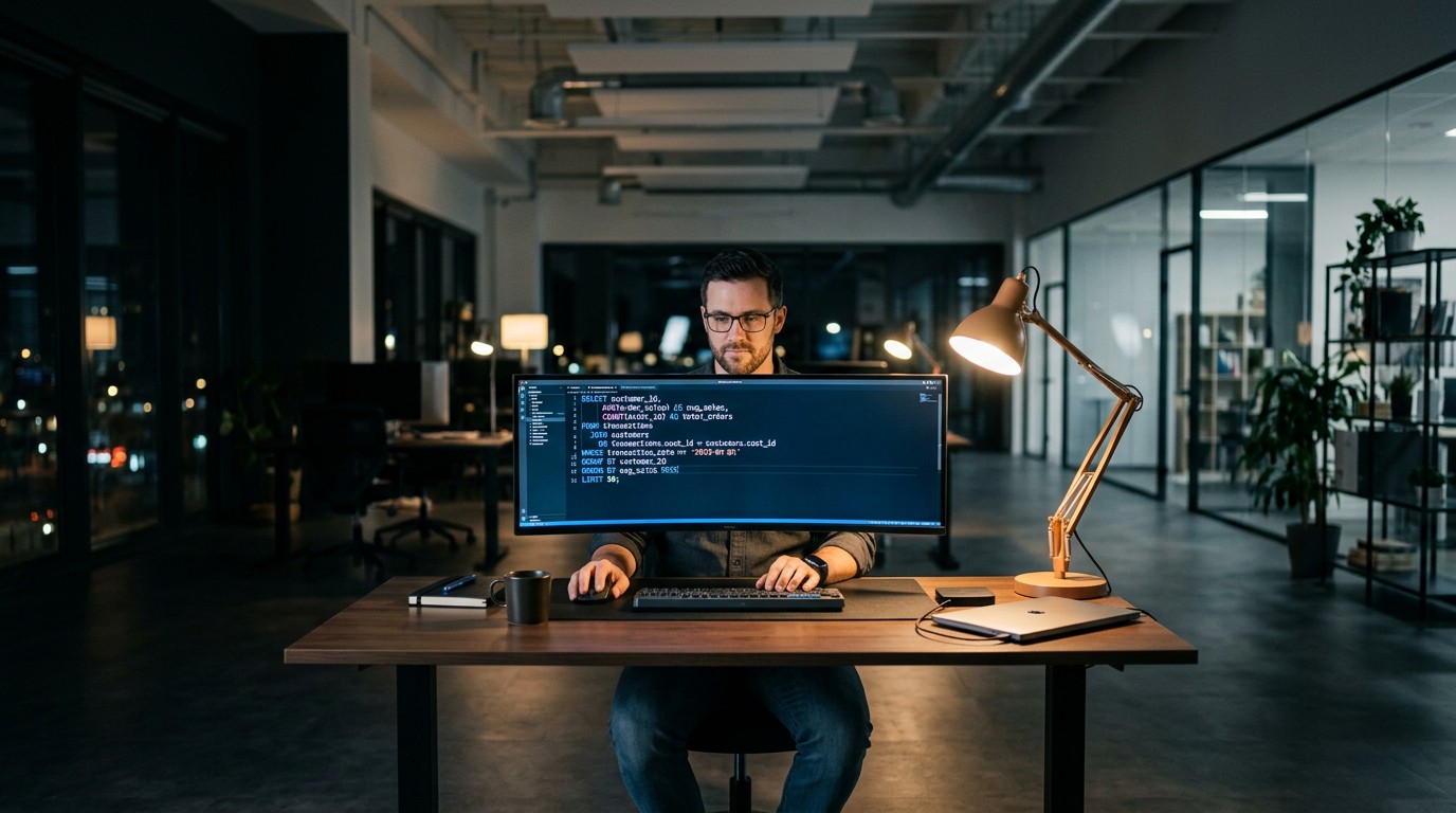Аналитик за монитором пишет SQL-запросы в офисе
