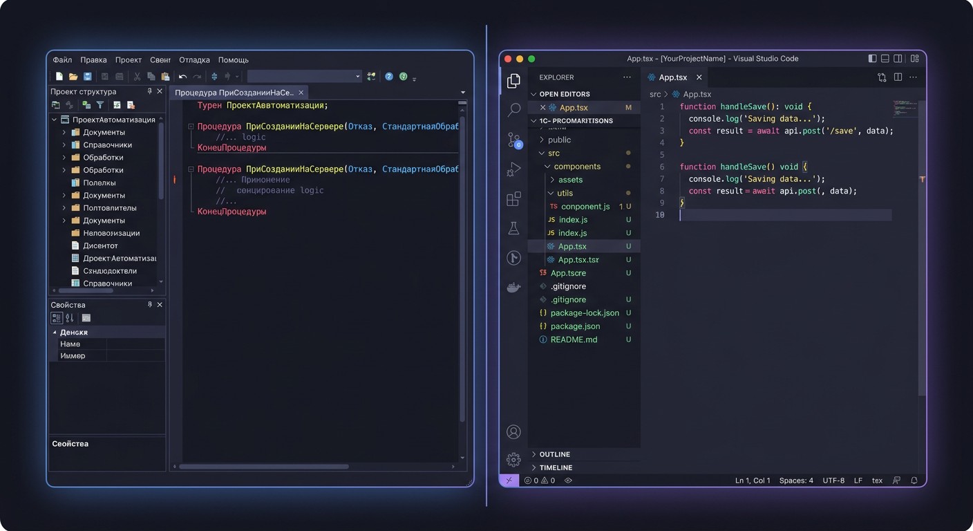 Сравнение интерфейса IDE 1С:Элемент и редактора VS Code
