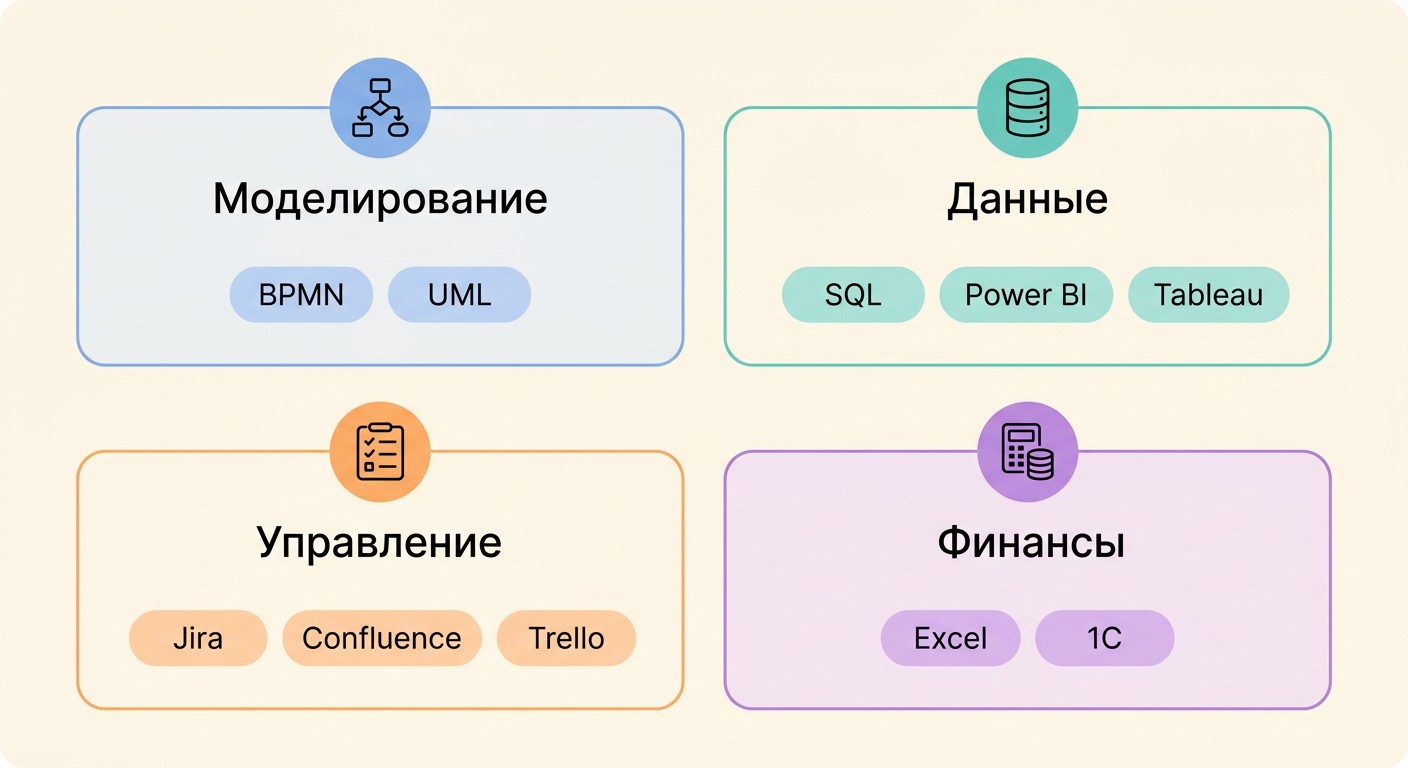 Стек инструментов бизнес-аналитика по четырём группам: моделирование, данные, управление, финансы
