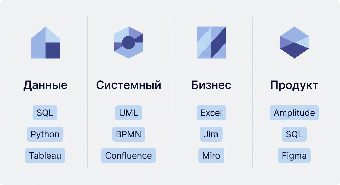 Стек инструментов junior аналитика по четырём специализациям — инфографика