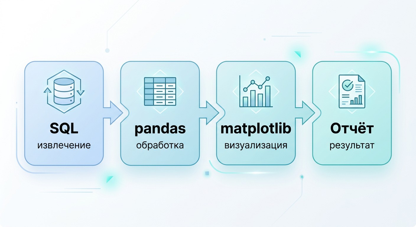 Схема стека аналитика: SQL, pandas, matplotlib и итоговый отчёт