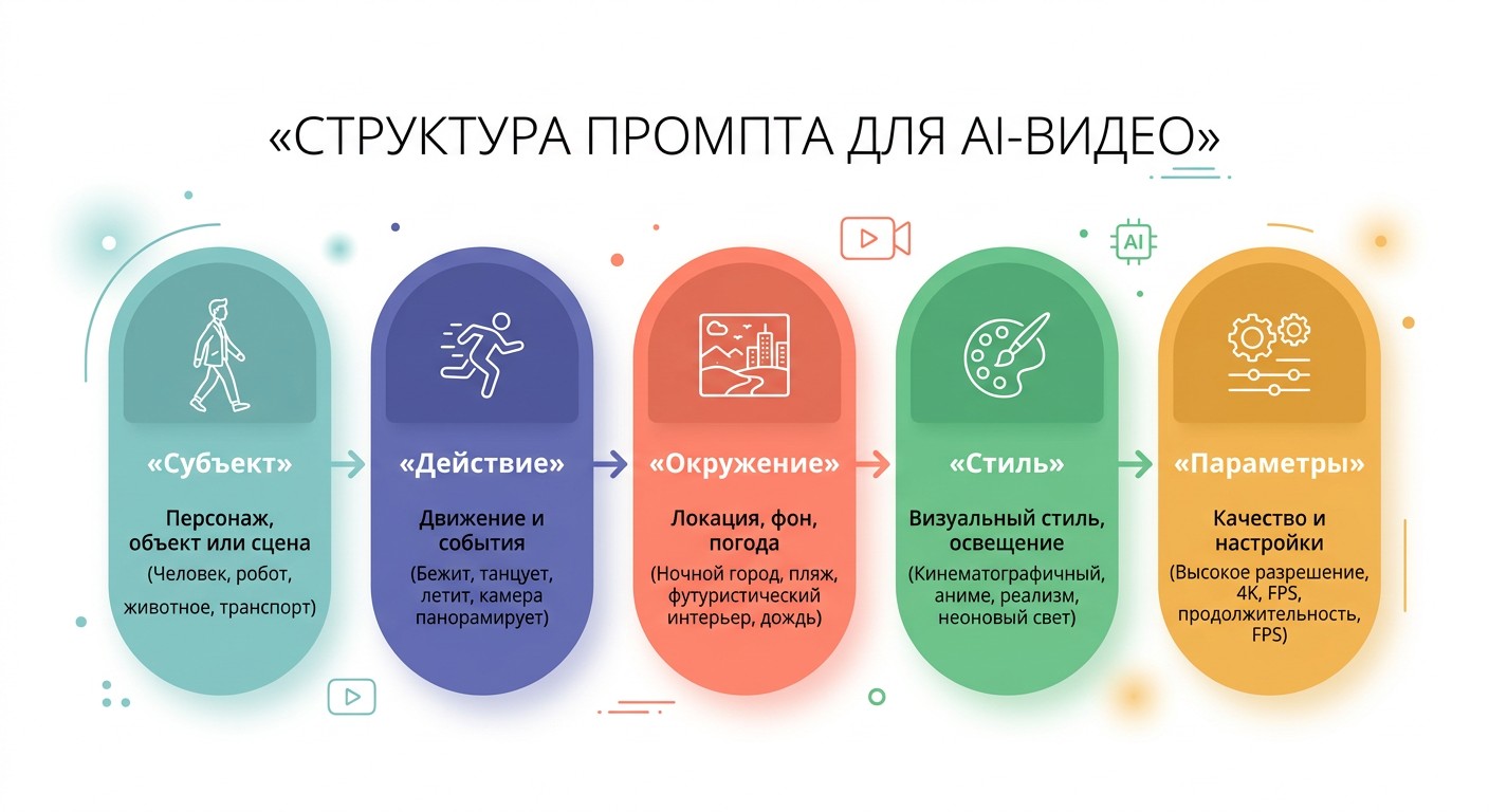 Структура промпта для нейросети видео: субъект, действие, окружение, стиль