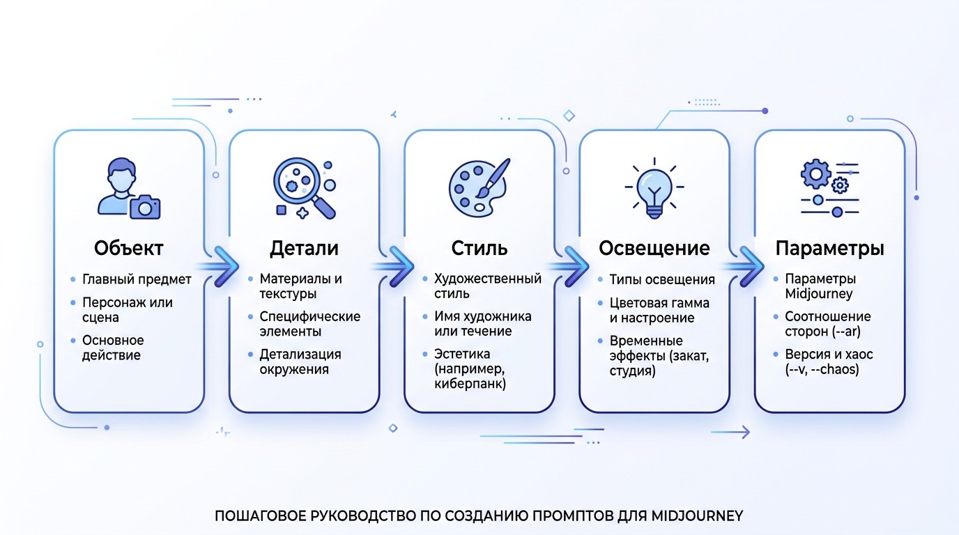 Структура промпта Midjourney: пять элементов — объект, детали, стиль, освещение, параметры