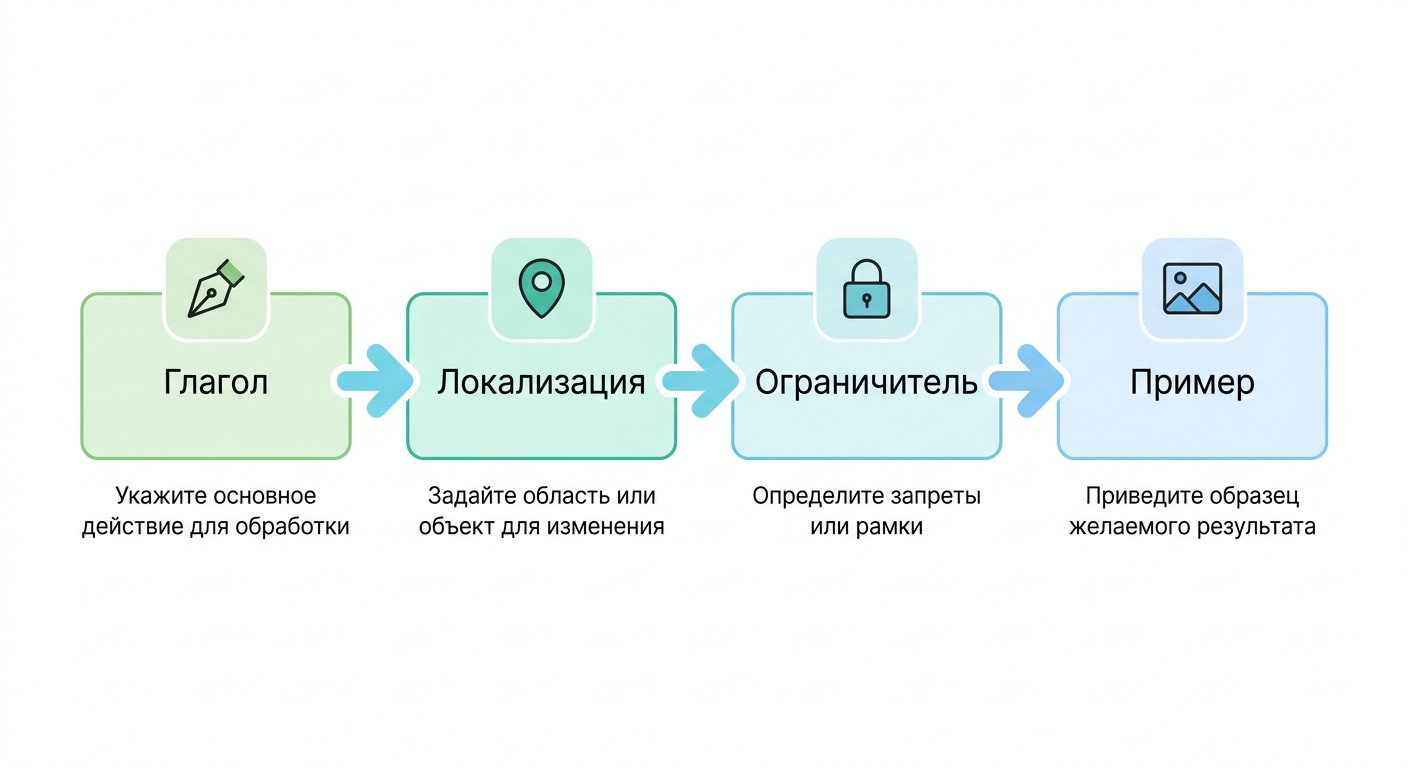 Схема структуры промпта для улучшения фото нейросетью — четыре блока