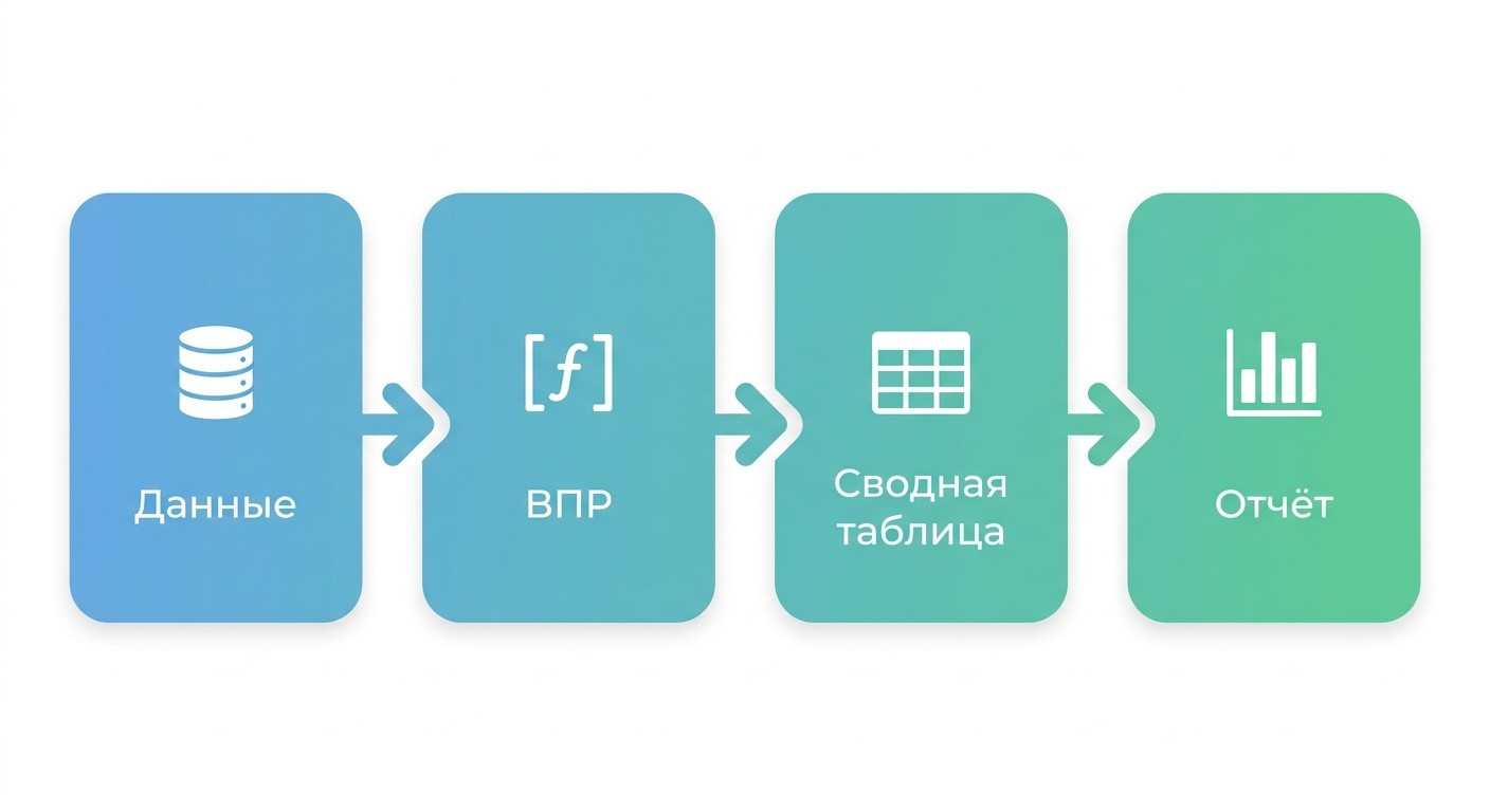 Схема обработки данных: исходные данные — ВПР — сводная таблица — отчёт