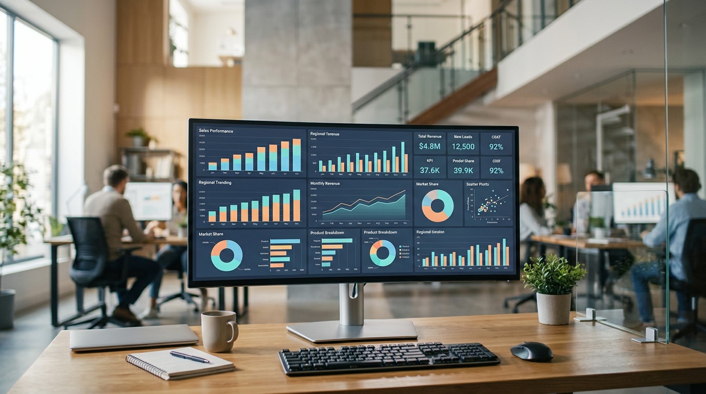 Интерфейс Tableau — дашборд с графиками и KPI-показателями на мониторе
